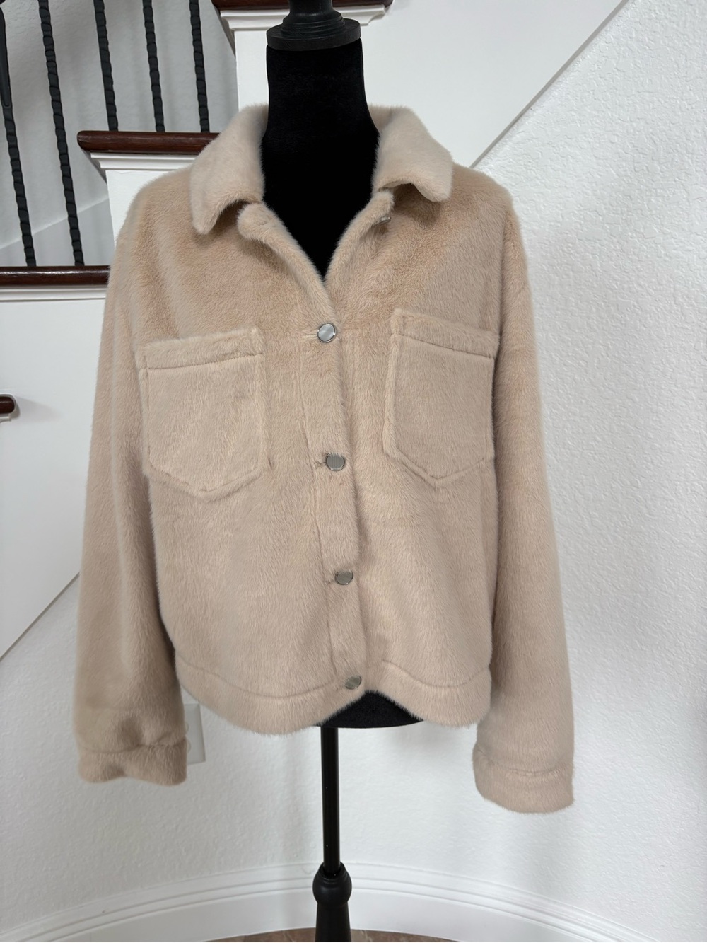 bagatelle Soft Faux Fur Button-Front Teddy Jacket in Beige